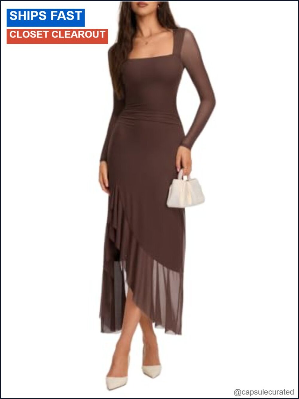 Women's Square Neck Ruffle Maxi Dress Long Sleeve Formal Bodycon Slit